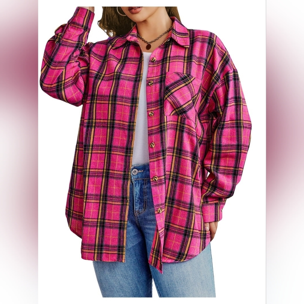 Pink Plaid Women's Button-Up Shirt L NWOT - Picture 3 of 3